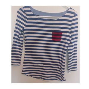 Talbots Stretch Weekend Tee Blue White Striped Boat Neck 3/4 Sleeve Shirt XS